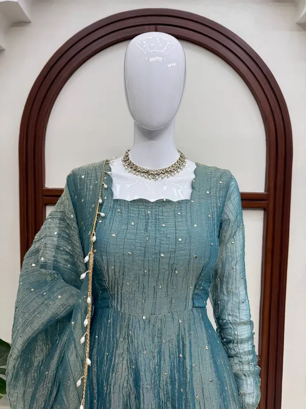 Salsa_Silk_Foil_Work_Gown_Pant_Dupatta_Set_Dark_Blue_Green