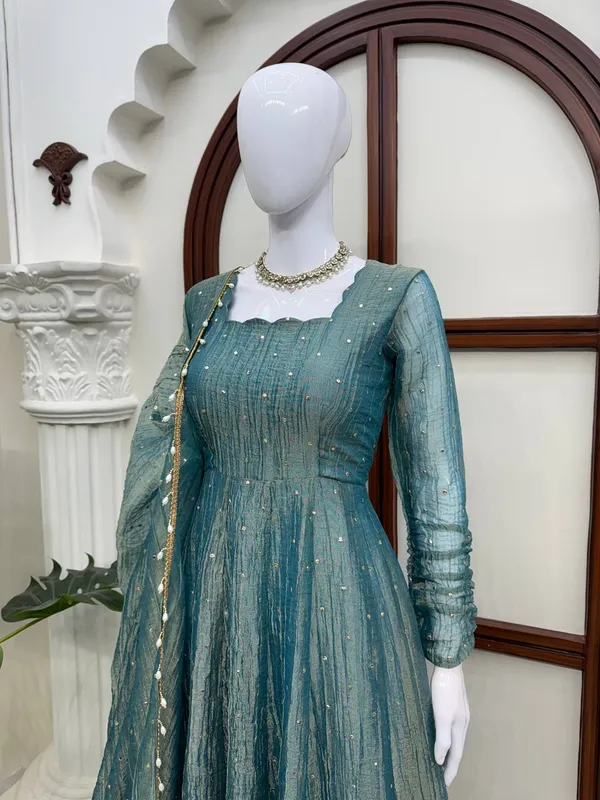 Salsa_Silk_Foil_Work_Gown_Pant_Dupatta_Set_Dark_Blue_Green