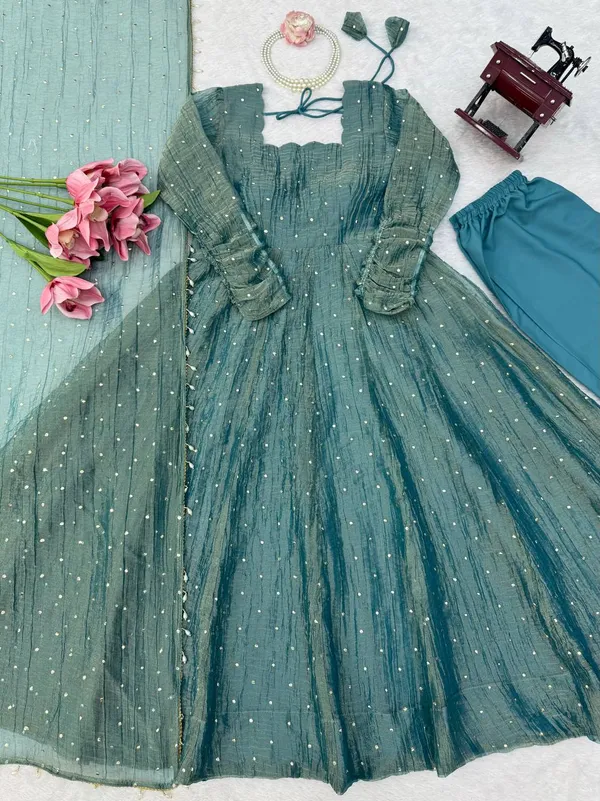 Salsa_Silk_Foil_Work_Gown_Pant_Dupatta_Set_Dark_Blue_Green