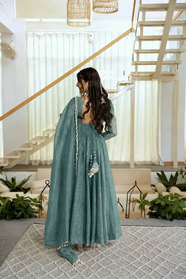 Salsa_Silk_Foil_Work_Gown_Pant_Dupatta_Set_Dark_Blue_Green