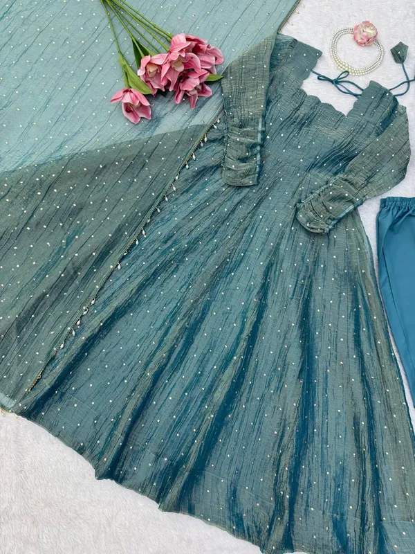 Salsa_Silk_Foil_Work_Gown_Pant_Dupatta_Set_Dark_Blue_Green