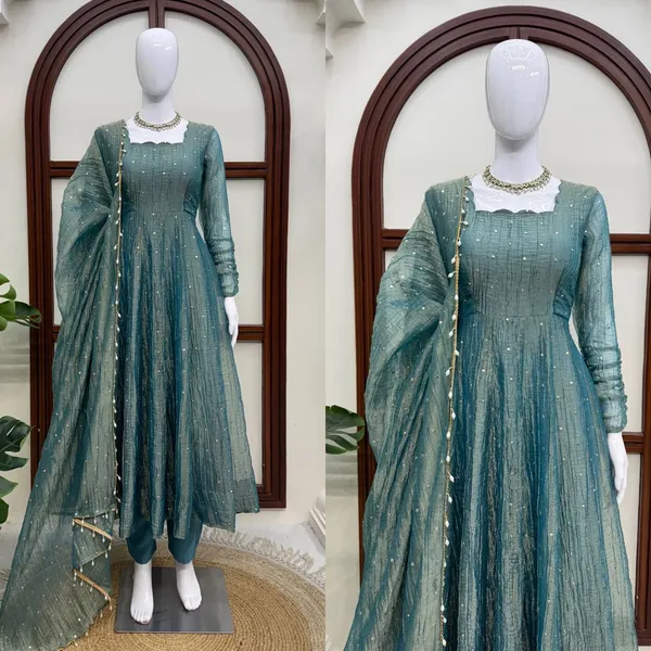 Salsa_Silk_Foil_Work_Gown_Pant_Dupatta_Set_Dark_Blue_Green