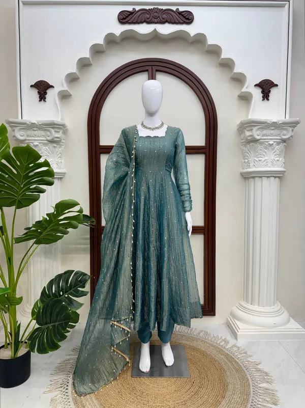 Salsa_Silk_Foil_Work_Gown_Pant_Dupatta_Set_Dark_Blue_Green