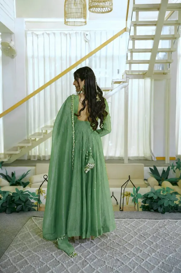 Salsa_Silk_Foil_Work_Gown_Pant_Dupatta_Set_Dark_Green