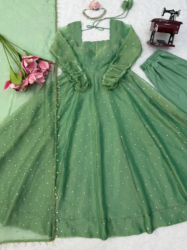 Salsa_Silk_Foil_Work_Gown_Pant_Dupatta_Set_Dark_Green