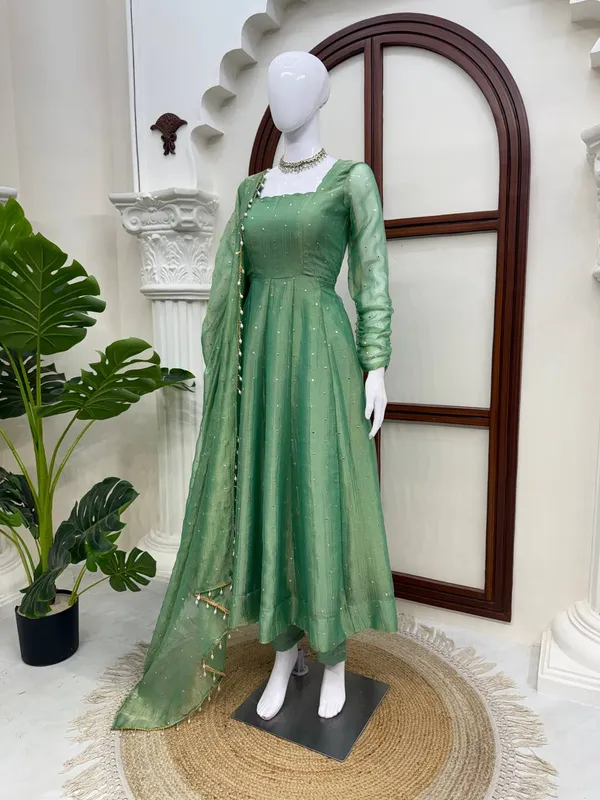 Salsa_Silk_Foil_Work_Gown_Pant_Dupatta_Set_Dark_Green