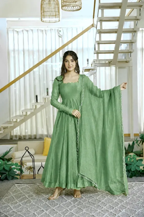 Salsa_Silk_Foil_Work_Gown_Pant_Dupatta_Set_Dark_Green