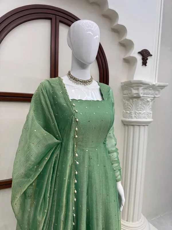 Salsa_Silk_Foil_Work_Gown_Pant_Dupatta_Set_Dark_Green