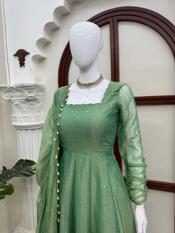 Salsa_Silk_Foil_Work_Gown_Pant_Dupatta_Set_Dark_Green