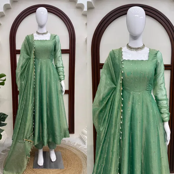Salsa_Silk_Foil_Work_Gown_Pant_Dupatta_Set_Dark_Green