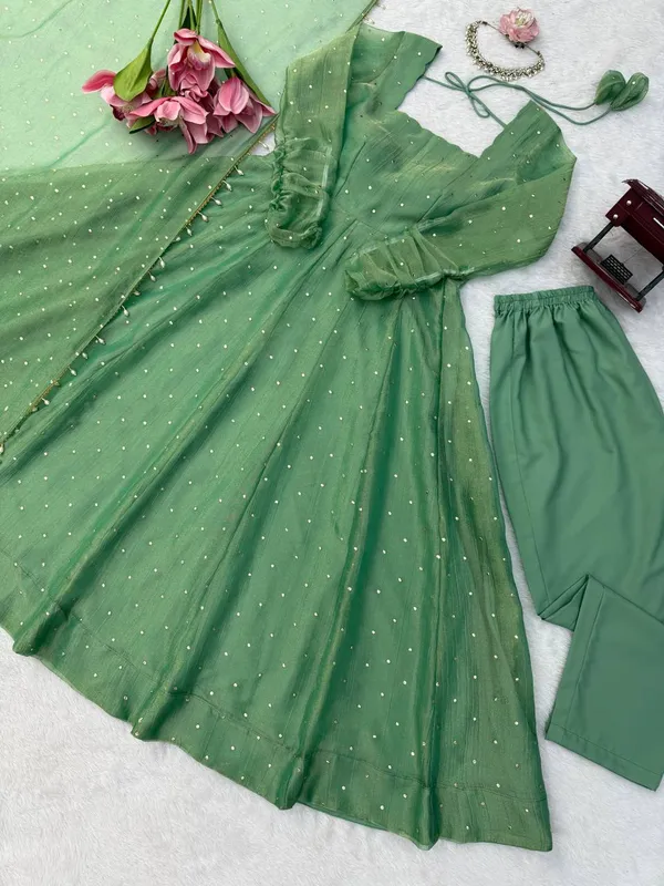 Salsa_Silk_Foil_Work_Gown_Pant_Dupatta_Set_Dark_Green