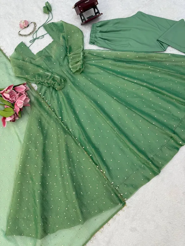 Salsa_Silk_Foil_Work_Gown_Pant_Dupatta_Set_Dark_Green