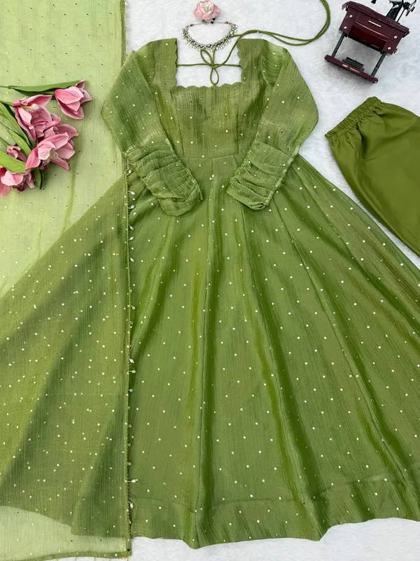 Salsa_Silk_Foil_Work_Gown_Pant_Dupatta_Set_Green