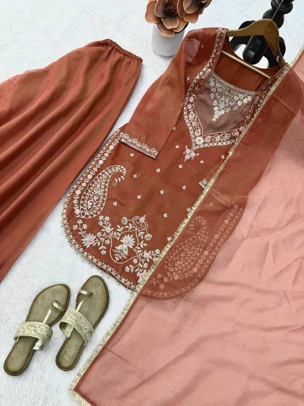 Shimmer_Fabric_Embroidered_Top_Palazzo_Dupatta_Set_Red_Brown