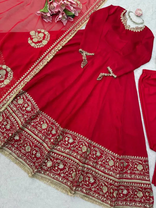 Vichitra_silk__Red_Anarkali_Set