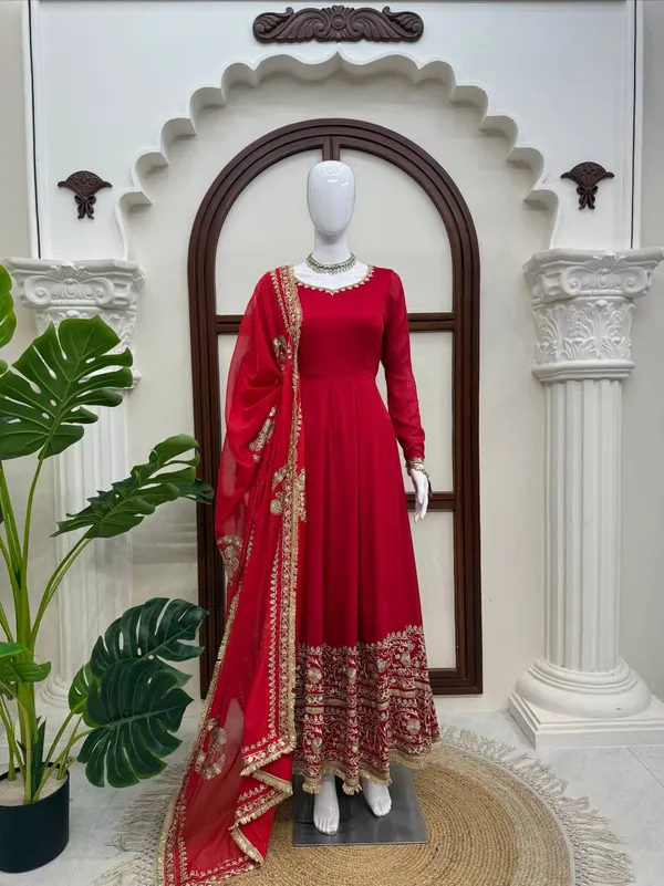 Vichitra_silk__Red_Anarkali_Set