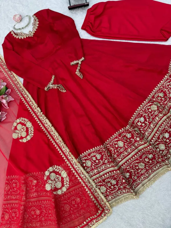 Vichitra_silk__Red_Anarkali_Set