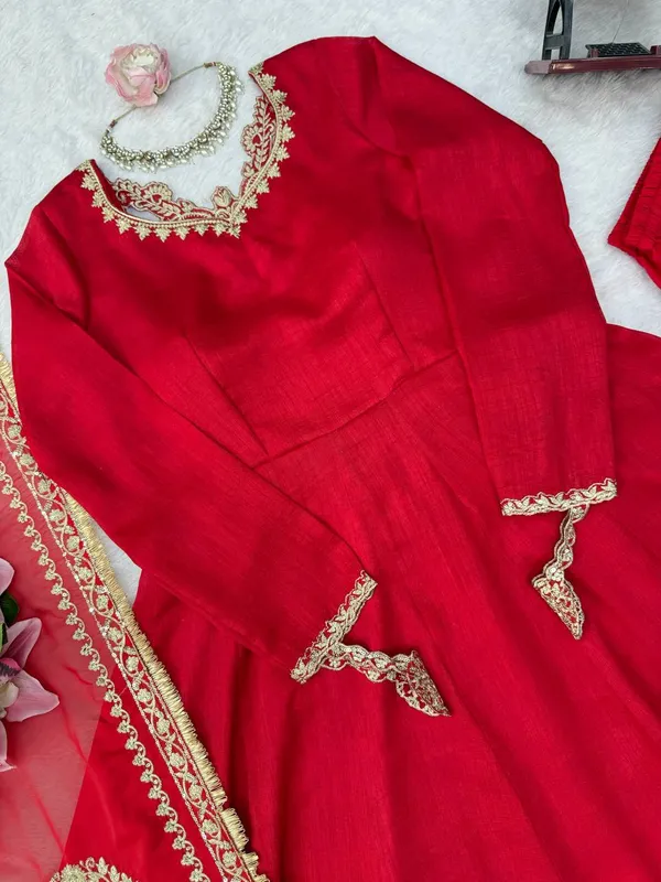 Vichitra_silk__Red_Anarkali_Set
