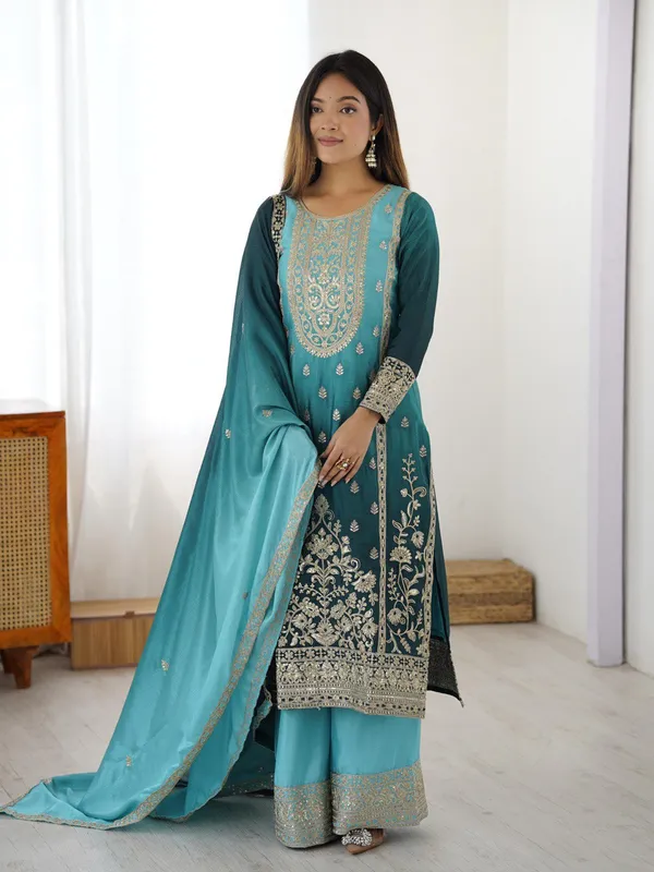 Dark_Blue_Elegant_Design_Chinon_Silk_Kurta_Set_For_Women