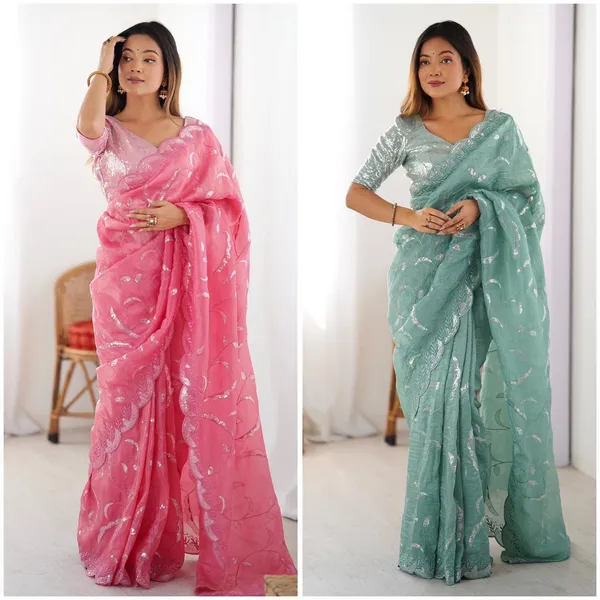 Green_Heavy_Sequin_Embrodered_Saree_|_With_Unstitched_Blouse_Piece