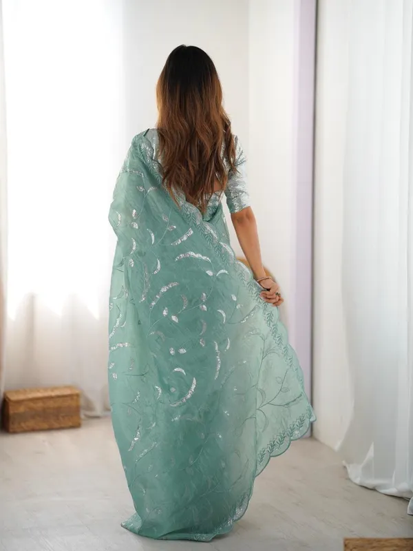 Green_Heavy_Sequin_Embrodered_Saree_|_With_Unstitched_Blouse_Piece