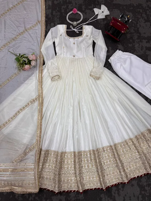 White_Elegant_Design_Chinon_Silk_Gown_For_Women