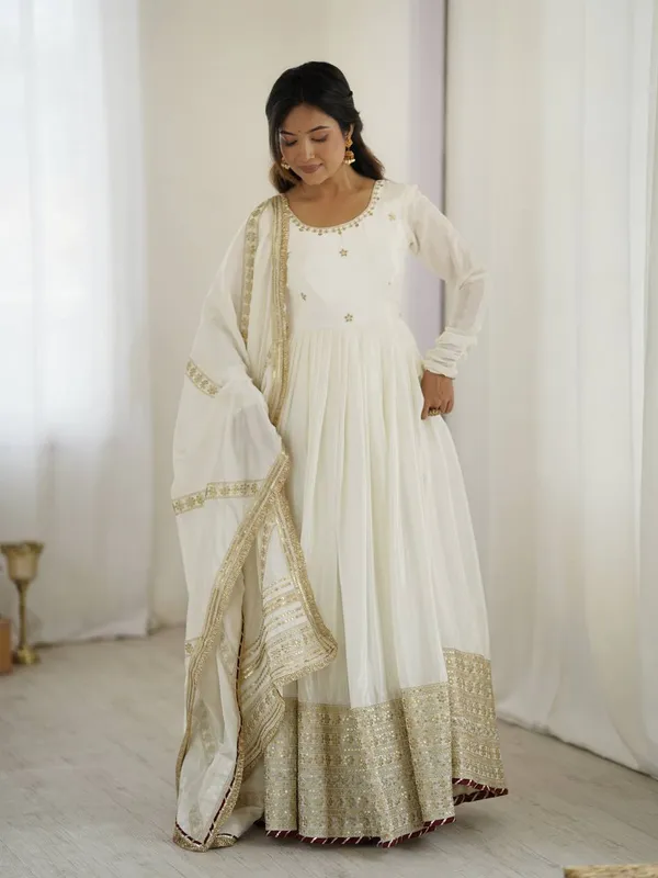 White_Elegant_Design_Chinon_Silk_Gown_For_Women