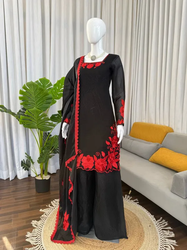 Black_Red_Embroiderd_Suit_With_Pant_And_Dupatta_Set_|_For_Women