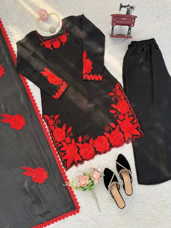Black_Red_Embroiderd_Suit_With_Pant_And_Dupatta_Set_|_For_Women