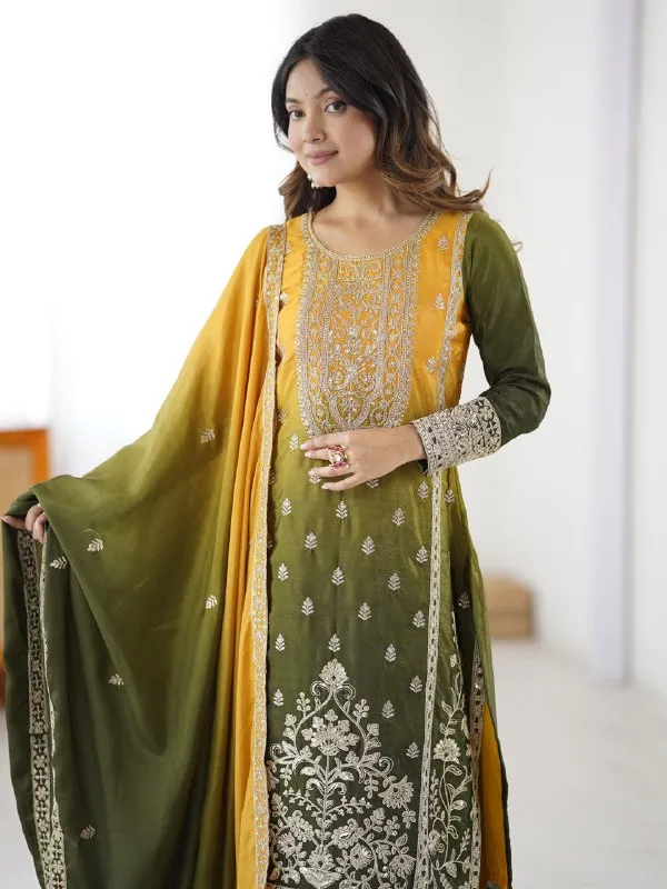 Green_&_Yellow_Elegant_Design_Chinon_Silk_Kurta_Set_For_Women