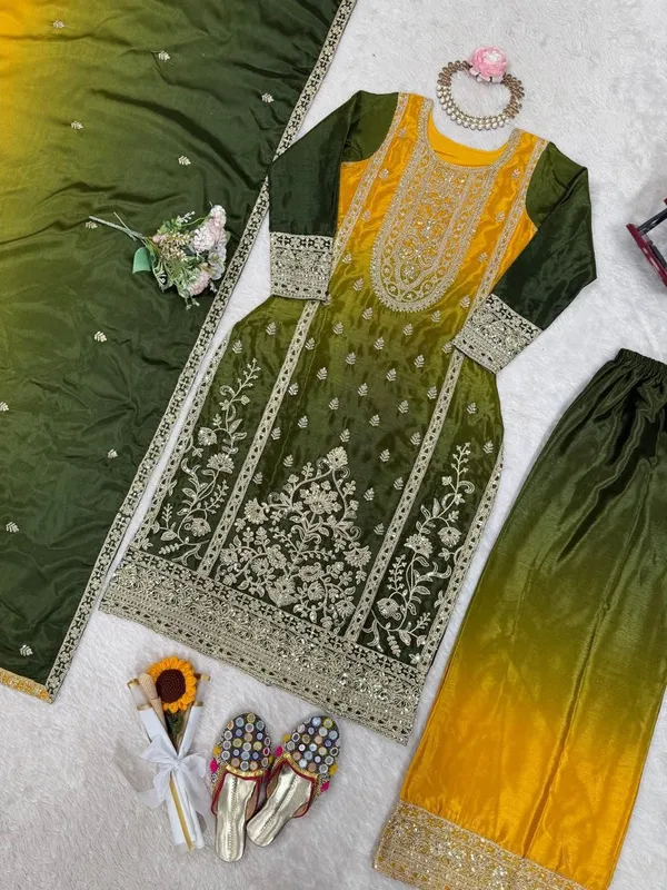 Green_&_Yellow_Elegant_Design_Chinon_Silk_Kurta_Set_For_Women