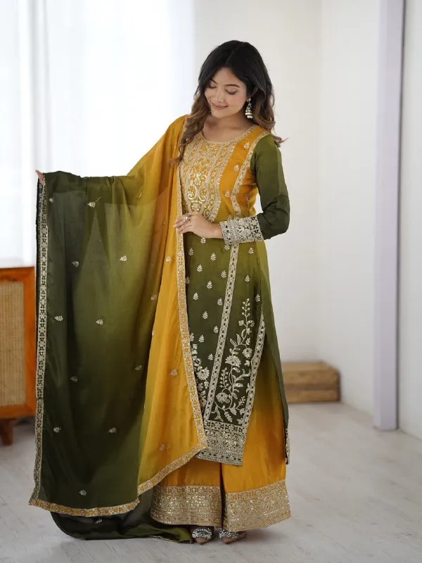 Green_&_Yellow_Elegant_Design_Chinon_Silk_Kurta_Set_For_Women