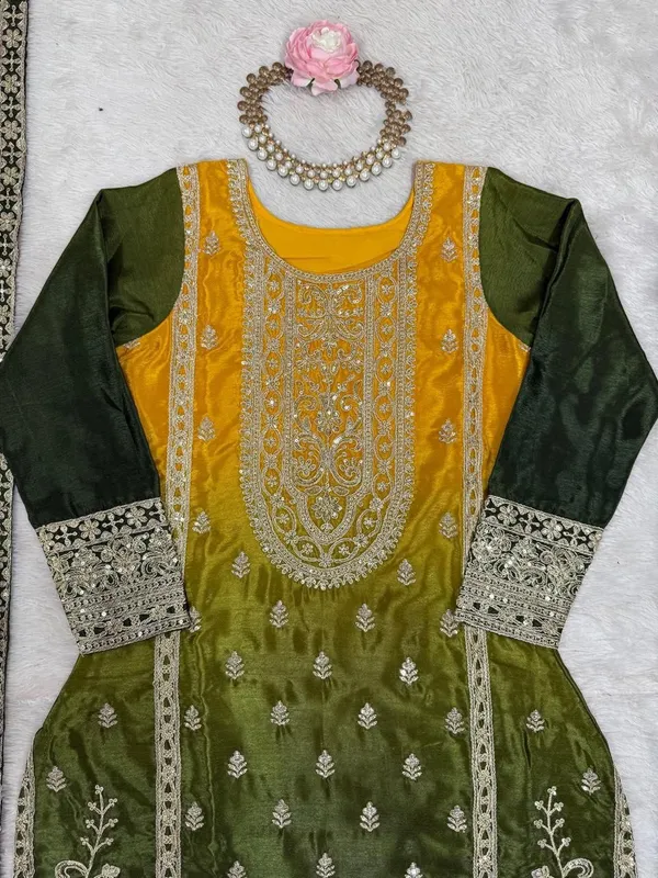 Green_&_Yellow_Elegant_Design_Chinon_Silk_Kurta_Set_For_Women