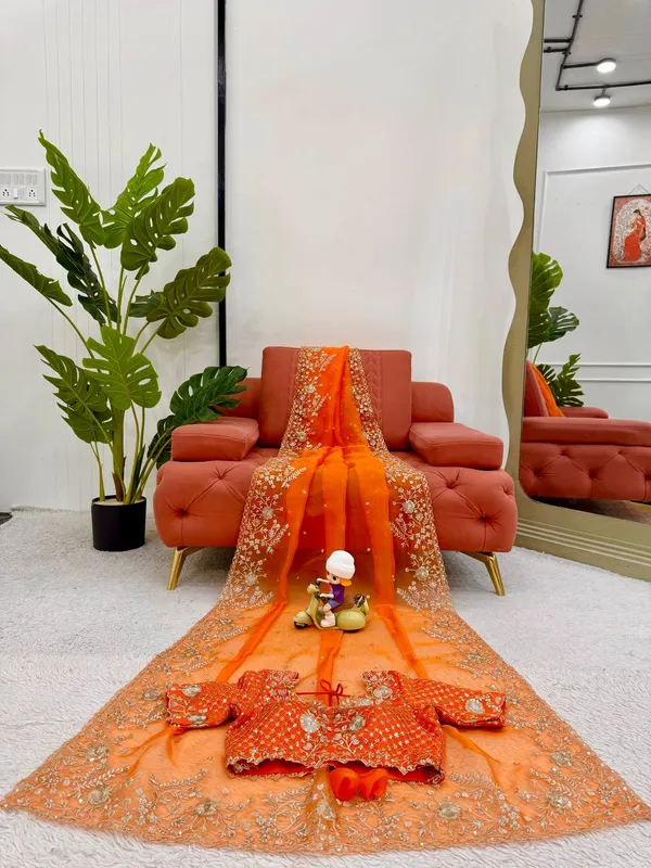 Orange_Heavy_Sequin_Embrodered_Saree_|_With_Unstitched_Blouse_Piece