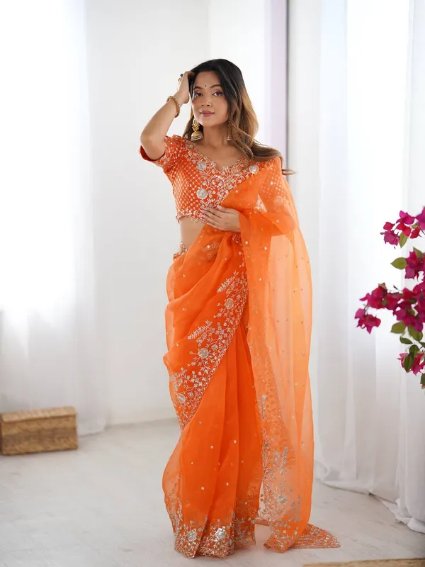 Orange_Heavy_Sequin_Embrodered_Saree_|_With_Unstitched_Blouse_Piece