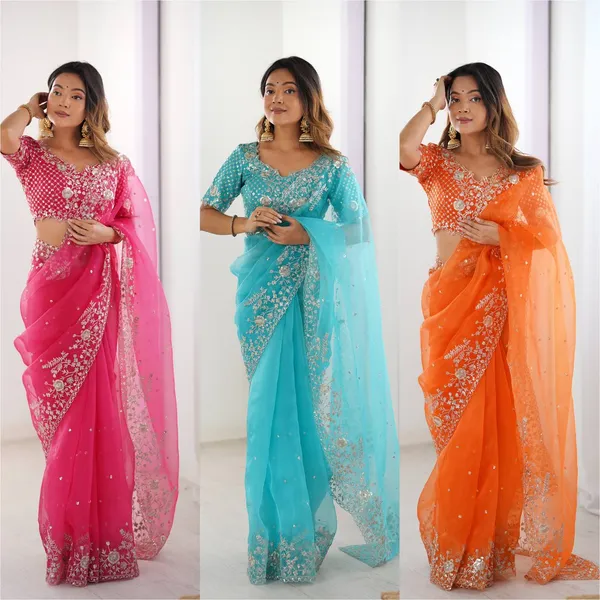 Orange_Heavy_Sequin_Embrodered_Saree_|_With_Unstitched_Blouse_Piece