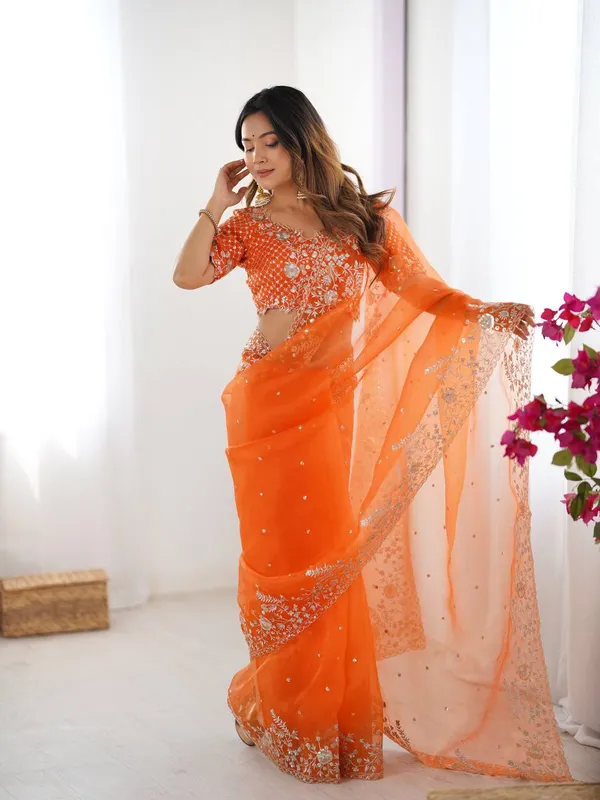Orange_Heavy_Sequin_Embrodered_Saree_|_With_Unstitched_Blouse_Piece
