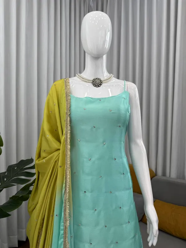 Blue_Green_Elegant_Design_Chinon_Silk_Kurta_Set_For_Women
