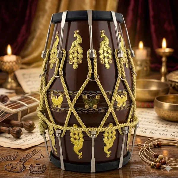 Dholak_Hand_Made_mango_(Aam)_Wood_(Hand_Work_Wooden_Engraving_Design)_With_Bag.