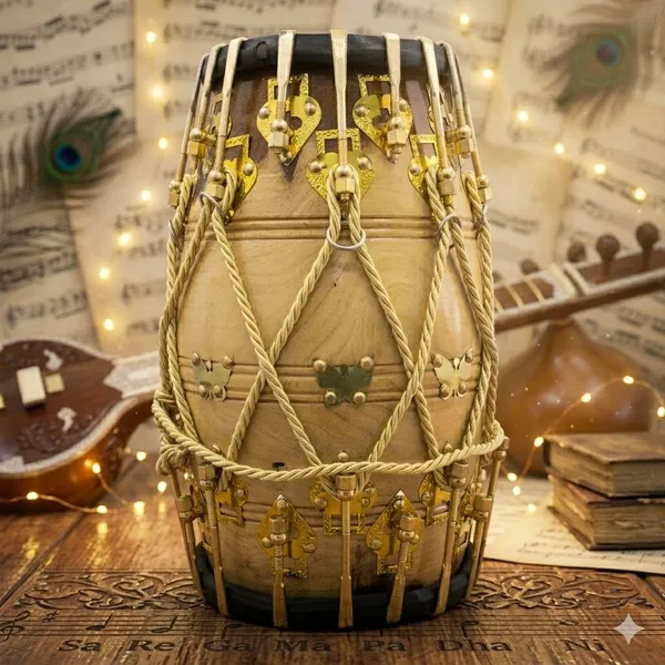 Dholak_Hand_Made_Sheesham_Wood_(Hand_Work_Wooden_Engraving_Design)_With_Bag.