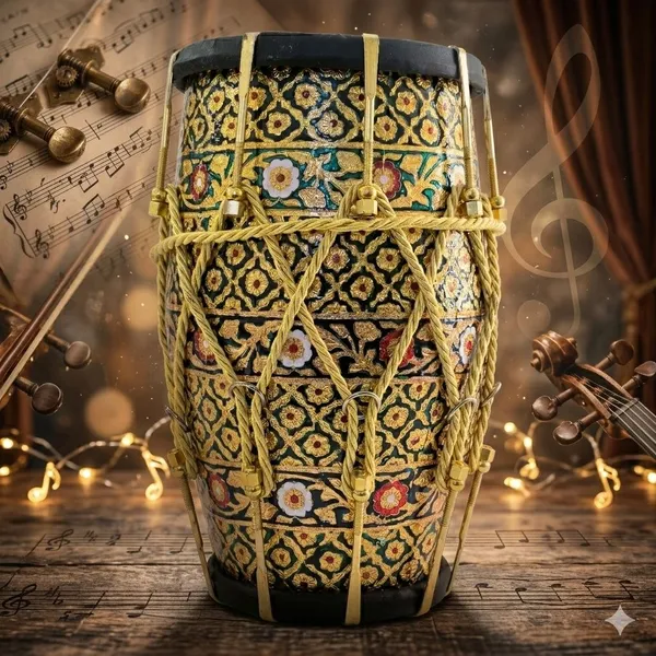 Dholak_Hand_Made_mango_(Aam)_Wood_(Hand_Work_Wooden_Engraving_Design)_With_Bag.