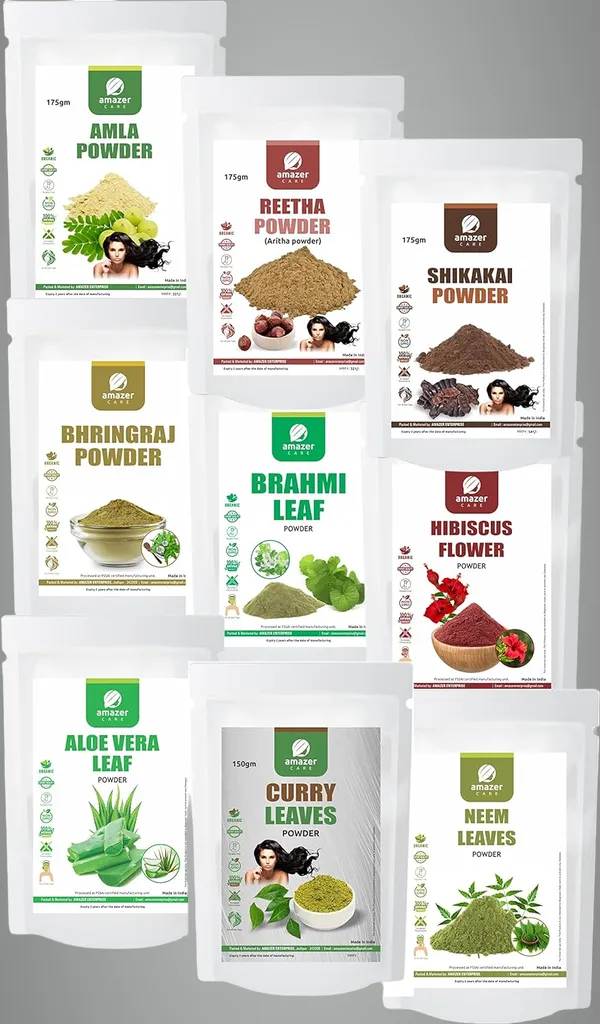 Hibiscus_Reetha_Amla_Shikakai_Brahmi_Bhringraj_Neem_Aloe_Vera_&_Curry_Leaves_Natural_Powder_Super_Combo_For_Hair_Care_/_Regrowth_and_Hair_fall_control_(9_Pouches_1525Gm)