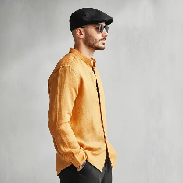Classic_Honey_Yellow_Pure_100%_Linen_Mandarin_Collar_Shirt_For_Men'S