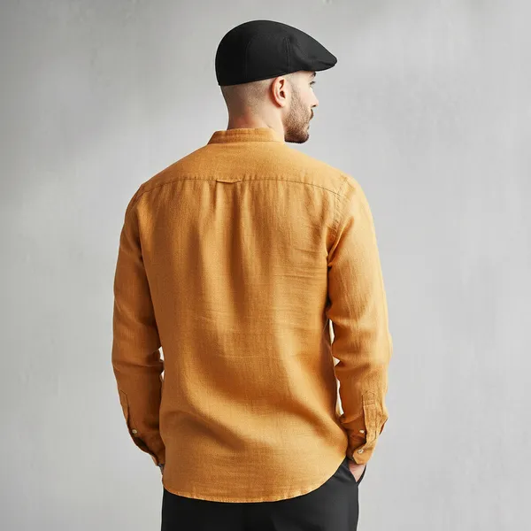 Classic_Honey_Yellow_Pure_100%_Linen_Mandarin_Collar_Shirt_For_Men'S