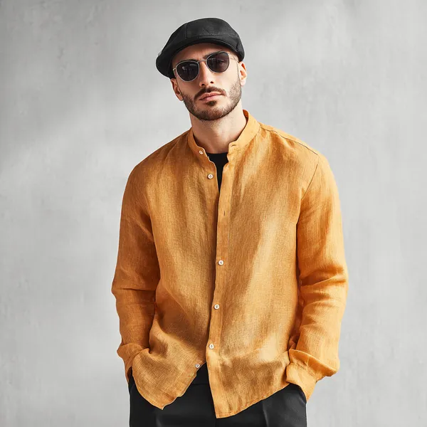 Classic_Honey_Yellow_Pure_100%_Linen_Mandarin_Collar_Shirt_For_Men'S