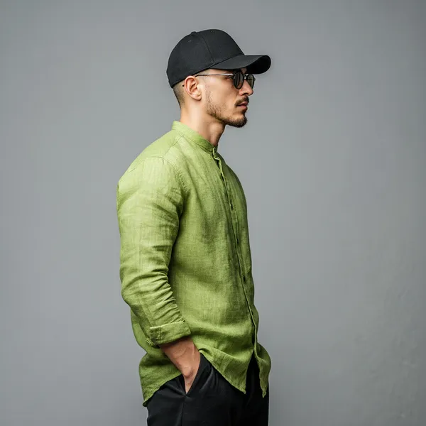 Classic_Light_Green_Pure_Linen_Mandarin_Collar_Shirt_For_Men'S