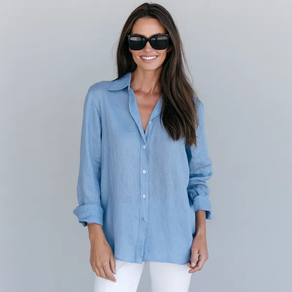 Cornflower_Blue_100%_Pure_Linen_Shirt_For_Women'S