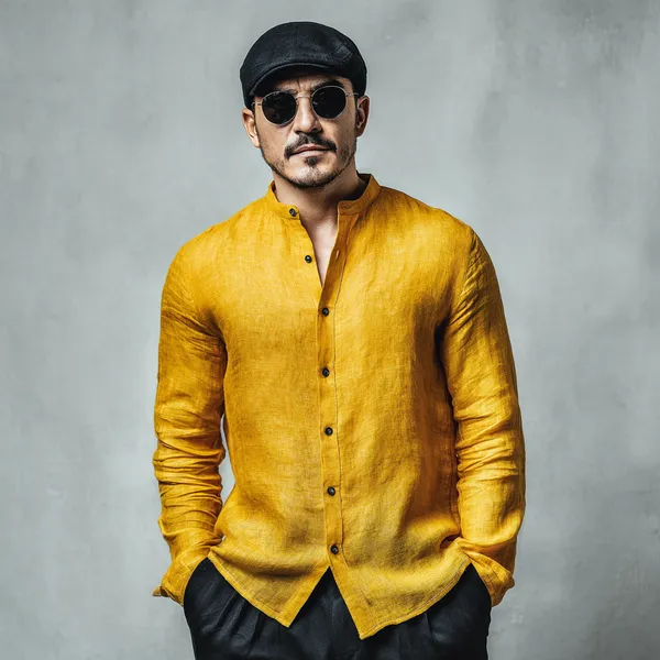 Men'S_Bright_Yellow_Pure_100%_Linen_Mandarin_Collar_Shirt