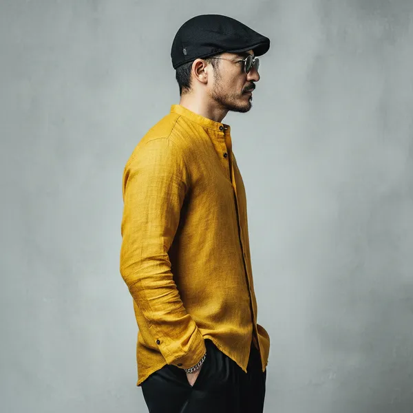 Men'S_Bright_Yellow_Pure_100%_Linen_Mandarin_Collar_Shirt