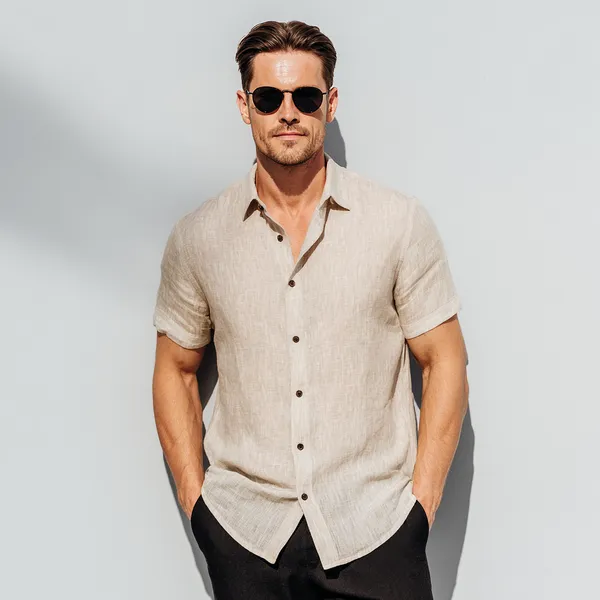 Khaki_Half_Sleeve_Linen_Shirt_For_Men